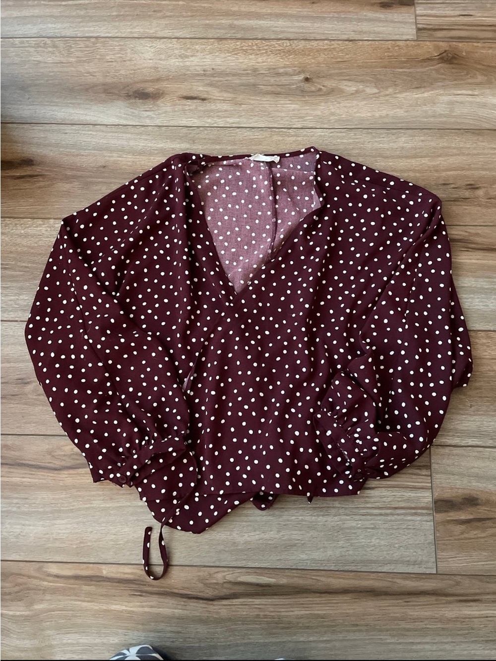 Altar’d State Polka Dot V-Neck Long Sleeve Top - Burgundy